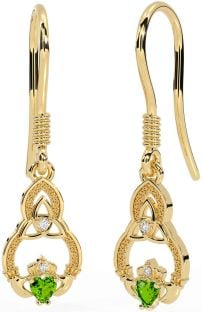 Diamond Peridot Gold Claddagh Celtic Trinity Knot Dangle Earrings