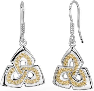 White Yellow Gold Celtic Trinity Knot Dangle Earrings