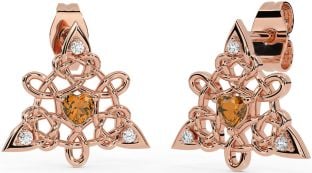 Diamond Citrine Rose Gold Silver Celtic Trinity Knot Stud Earrings