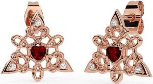Diamond Garnet Rose Gold Silver Celtic Trinity Knot Stud Earrings
