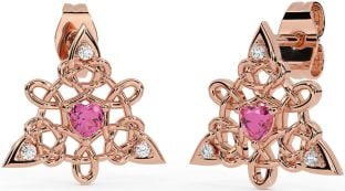 Diamond Pink Tourmaline Rose Gold Silver Celtic Trinity Knot Stud Earrings