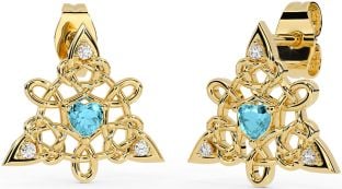 Diamond Aquamarine Gold Silver Celtic Trinity Knot Stud Earrings