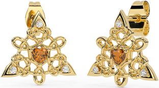 Diamond Citrine Gold Silver Celtic Trinity Knot Stud Earrings