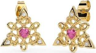 Diamond Pink Tourmaline Gold Silver Celtic Trinity Knot Stud Earrings