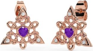 Diamond Amethyst Rose Gold Celtic Trinity Knot Stud Earrings