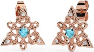 Diamond Aquamarine Rose Gold Celtic Trinity Knot Stud Earrings