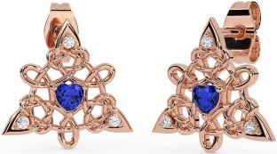 Diamond Sapphire Rose Gold Celtic Trinity Knot Stud Earrings
