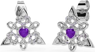 Diamond Amethyst Silver Celtic Trinity Knot Stud Earrings