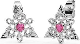 Diamond Pink Tourmaline Silver Celtic Trinity Knot Stud Earrings