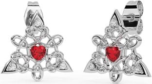 Diamond Ruby Silver Celtic Trinity Knot Stud Earrings