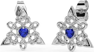 Diamond Sapphire Silver Celtic Trinity Knot Stud Earrings