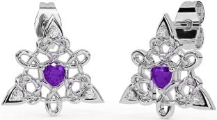 Diamond Amethyst White Gold Celtic Trinity Knot Stud Earrings