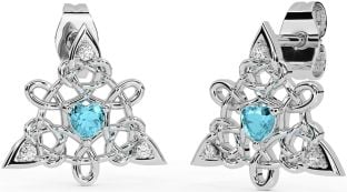 Diamond Aquamarine White Gold Celtic Trinity Knot Stud Earrings