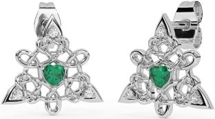 Diamond Emerald White Gold Celtic Trinity Knot Stud Earrings