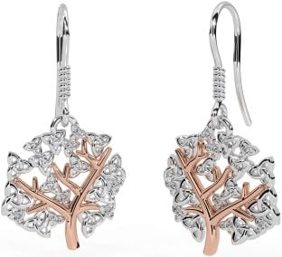 Rose Gold Silver Celtic Tree of Life Trinity Knot Dangle Earrings