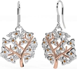 Citrine Rose Gold Silver Celtic Tree of Life Trinity Knot Dangle Earrings