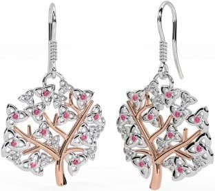 Pink Tourmaline Rose Gold Silver Celtic Tree of Life Trinity Knot Dangle Earrings