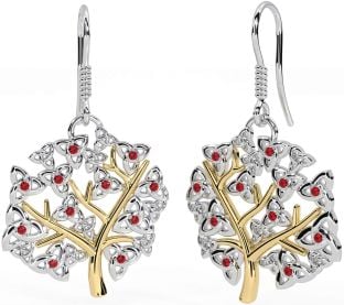 Ruby Gold Silver Celtic Tree of Life Trinity Knot Dangle Earrings