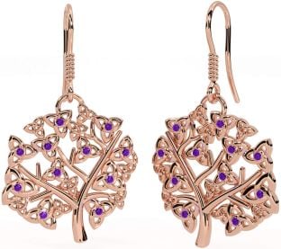 Amethyst Rose Gold Silver Celtic Tree of Life Trinity Knot Dangle Earrings