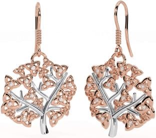 Diamond Rose Gold Silver Celtic Tree of Life Trinity Knot Dangle Earrings