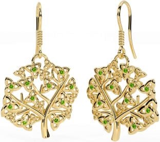 Peridot Gold Silver Celtic Tree of Life Trinity Knot Dangle Earrings