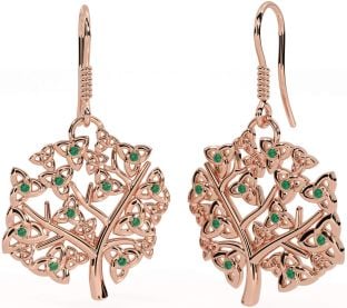 Emerald Rose Gold Celtic Tree of Life Trinity Knot Dangle Earrings