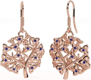 Sapphire Rose Gold Celtic Tree of Life Trinity Knot Dangle Earrings