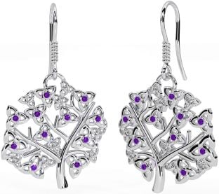 Amethyst Silver Celtic Tree of Life Trinity Knot Dangle Earrings