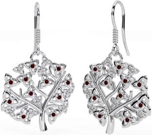 Garnet Silver Celtic Tree of Life Trinity Knot Dangle Earrings