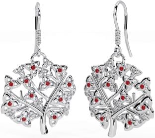 Ruby Silver Celtic Tree of Life Trinity Knot Dangle Earrings