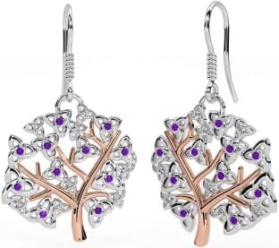 Amethyst Rose Gold Silver Celtic Tree of Life Trinity Knot Dangle Earrings