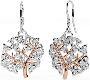 Diamond Rose Gold Silver Celtic Tree of Life Trinity Knot Dangle Earrings