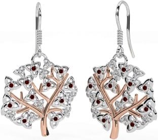 Garnet Rose Gold Silver Celtic Tree of Life Trinity Knot Dangle Earrings