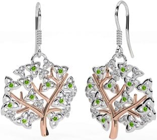 Peridot Rose Gold Silver Celtic Tree of Life Trinity Knot Dangle Earrings