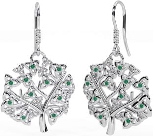 Emerald White Gold Celtic Tree of Life Trinity Knot Dangle Earrings