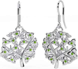 Peridot White Gold Celtic Tree of Life Trinity Knot Dangle Earrings