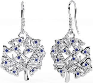 Sapphire White Gold Celtic Tree of Life Trinity Knot Dangle Earrings