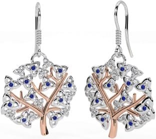 Sapphire White Rose Gold Celtic Tree of Life Trinity Knot Dangle Earrings