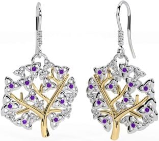 Amethyst White Yellow Gold Celtic Tree of Life Trinity Knot Dangle Earrings