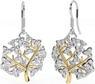 Diamond White Yellow Gold Celtic Tree of Life Trinity Knot Dangle Earrings