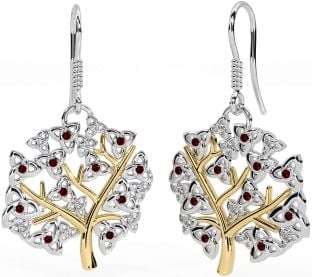 Garnet White Yellow Gold Celtic Tree of Life Trinity Knot Dangle Earrings