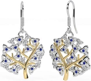 Saphir Blanc Jaune Or celtique Arbre de Vie Trinité Noeud Pendre Des boucles d'oreilles