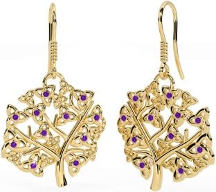 Amethyst Gold Celtic Tree of Life Trinity Knot Dangle Earrings