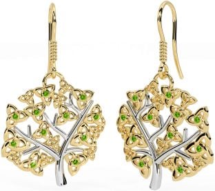 Peridot White Yellow Gold Celtic Tree of Life Trinity Knot Dangle Earrings