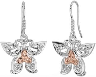 Rose Gold Silver Celtic Trinity Knot Butterfly Dangle Earrings