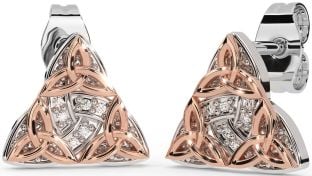 Diamond Rose Gold Silver Celtic Trinity Knot Stud Earrings