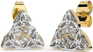Diamond White Yellow Gold Celtic Trinity Knot Stud Earrings