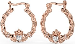 Diamond Rose Gold Silver Celtic Claddagh Pearl Dangle Earrings