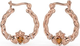 Diamant Citrine Rose Or celtique Claddagh perle Pendre Des boucles d'oreilles