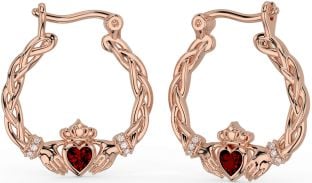 Diamond Garnet Rose Gold Celtic Claddagh Pearl Dangle Earrings
